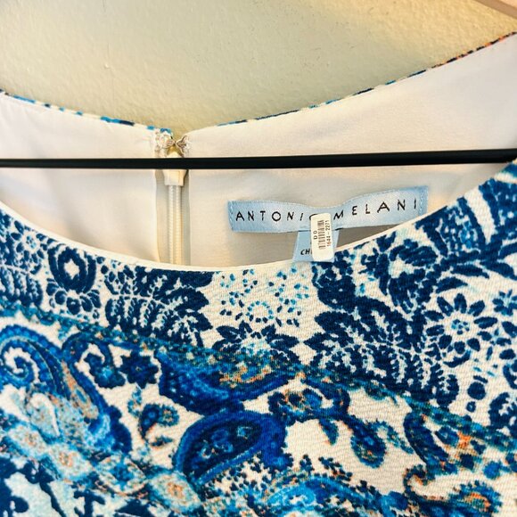 ANTONIO MELANI Blue Scuba Sheath Dress Womens Size 6 Abstract 3/4 Sleeve Work - Picture 6 of 9